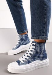 Granatowe Trampki z Cholewką za Kostkę w Stylu Denimu Galpena. Niebieskie trampki damskie Renee, bez wzorów, z denimu, za kostkę, bez zapięcia. Za 29.99 zł.