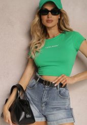 Zielony T-shirt o Dopasowanym Fasonie Cropped z Napisem Zaloella. Zielone t-shirty damskie Renee, m, bez wzorów, z jeansu, bez kołnierzyka. Za 39.99 zł.