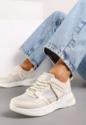 Beżowe Sneakersy na Płaskiej Podeszwie z Ozdobnymi Przeszyciami Ysabella. Brązowe obuwie sportowe damskie Born2be, bez zapięcia. Za 79.99 zł.