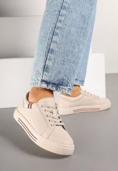 Beżowe Skórzane Sneakersy na Płaskiej Podeszwie ze Skórzaną Wkładką i Perforacją Galiwa. Brązowe obuwie sportowe damskie Renee, z jeansu, bez zapięcia. Za 159.99 zł.