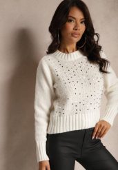 Jasnobeżowy Casualowy Sweter z Bawełną i Cekinami Savintha. Brązowe swetry klasyczne damskie Renee, z bawełny, bez kołnierzyka. Za 69.99 zł.
