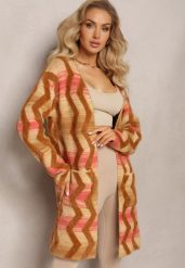 Ciemnobeżowy Luźny Kardigan Niezapinany w Geometryczny Print Sheshy. Brązowe kardigany damskie Renee, bez wzorów, z dzianiny. Za 119.99 zł.