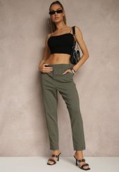 Ciemnozielone Spodnie z Wiskozą High Waist i Ozdobnymi Napami Redaira. Zielone spodnie materiałowe damskie Renee, z aplikacjami, z jeansu. Za 59.99 zł.