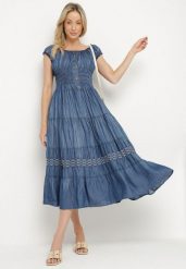 Niebieska Rozkloszowana Sukienka Hiszpanka z Marszczeniem Haftem i Guzikami Tertebis. Niebieskie sukienki damskie Born2be, bez wzorów, eleganckie, bez ramiączek. Za 109.99 zł.