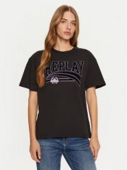 REPLAY T-Shirt W3089E.000.23608P Czarny Regular Fit. Czarne t-shirty damskie Replay, xl, bez wzorów, z bawełny, bez kołnierzyka. Za 159.99 zł.