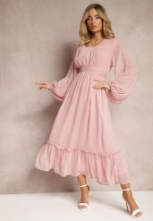 Różowa Plisowana Sukienka Koktajlowa Ozdobiona Guzikami i Falbankami Osumia. Czerwone sukienki damskie Renee, bez wzorów, eleganckie, bez ramiączek. W wyprzedaży za 119.99 zł.