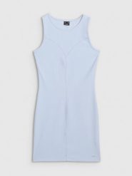 4F Sukienka mini z prążkowanej dzianiny damska - niebieska L. Niebieskie sukienki damskie 4F, bez wzorów, z dzianiny, eleganckie, bez ramiączek. W wyprzedaży za 99.99 zł.