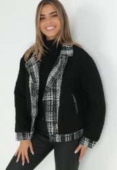 Czarna Kurtka Oversize z Futerka Baranek Brona. Czarne kurtki damskie Born2be, m, bez wzorów, bez kaptura. Za 389.99 zł.