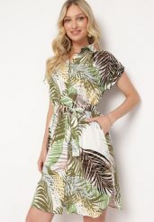 Zielona Bawełniana Sukienka Zapinana na Guziki z Materiałowym Paskiem Opilla. Zielone sukienki damskie Born2be, bez wzorów, z bawełny, eleganckie, bez ramiączek. Za 129.99 zł.