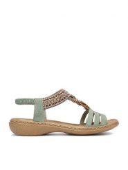 Rieker Sandały CEO-61855-52 Zielony jasny. Zielone sandały damskie Rieker, bez wzorów, ze skóry, bez obcasa, na płaskiej podeszwie, bez zapięcia. Za 319.99 zł.