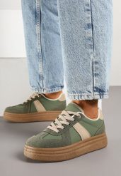 Zielone Sneakersy Klasyczne Tenisówki na Tłoczonej Platformie Nanislla. Zielone obuwie sportowe damskie Born2be, bez wzorów, bez zapięcia. Za 99.99 zł.