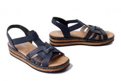 RIEKER 62918-14 blue , sandały damskie. Niebieskie sandały damskie Rieker, bez wzorów, bez obcasa, na koturnie, bez zapięcia. Za 209.93 zł.