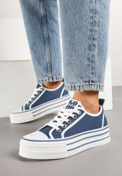Granatowe Trampki na Grubej Podeszwie z Cyrkoniami Asgerda. Niebieskie obuwie sportowe damskie Born2be, z aplikacjami, z jeansu, bez zapięcia. Za 84.99 zł.
