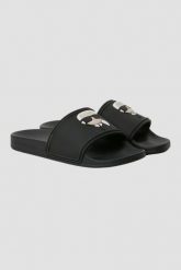 KARL LAGERFELD Czarne klapki damskie KONDO 2.0 Karl NFT. Czarne klapki damskie KARL LAGERFELD, bez wzorów, bez obcasa, bez zapięcia. W wyprzedaży za 289.99 zł.