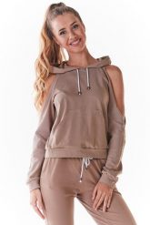 Krótka Bluza z Rozcięciami na Ramionach - Beżowa. Brązowe bluzy damskie Infinite You, l, bez wzorów, z bawełny, bez kaptura. Za 167.90 zł.