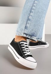 Czarne Trampki Basic z Cholewką przed Kostkę na Niskiej Platformie Senadra. Czarne trampki damskie Renee, bez wzorów, z jeansu, przed kostkę, bez zapięcia. Za 49.99 zł.