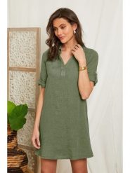 Lin Passion Lniana sukienka w kolorze khaki rozmiar: 36/38. Brązowe sukienki damskie Lin Passion, bez wzorów, ze lnu, klasyczne, bez ramiączek. Za 105.88 zł.