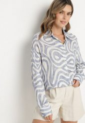 Niebiesko-Biała Klasyczna Koszula z Wiskozy w Abstrakcyjny Wzór Redasha. Niebieskie koszule damskie Born2be, l, bez wzorów, z jeansu, eleganckie, bez kołnierzyka, bez ramiączek. Za 89.99 zł.