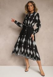 Czarna Sukienka z Wiskozą Ozdobiona Geometrycznym Motywem i Paskiem Folmara. Czarne sukienki damskie Renee, bez wzorów, z jeansu, eleganckie, bez ramiączek. W wyprzedaży za 107.99 zł.