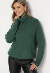 Ciemnozielony Golf o Klasycznym Kroju z Kaszmirem Azifra. Zielone golfy damskie Born2be, uniwersalny, z aplikacjami, z jeansu, bez ramiączek. Za 139.99 zł.