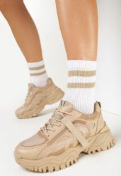 Ciemnobeżowe Sneakersy z Tłoczeniami i Amortyzującą Wkładką Funzea. Brązowe obuwie sportowe casual damskie Born2be, z jeansu. Za 119.99 zł.