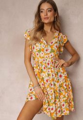 Żółta Taliowana Sukienka Mini w Kwiaty z Gumką w Talii Teziovi. Żółte sukienki damskie Renee, bez wzorów, z wiskozy, bez ramiączek. W wyprzedaży za 63.99 zł.