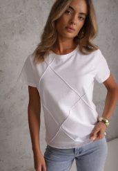 Biały Bawełniany T-shirt o Klasycznym Kroju z Ozdobnymi Przeszyciami w Romby Luara. Białe t-shirty damskie Renee, l, bez wzorów, z bawełny, bez kołnierzyka. Za 59.99 zł.