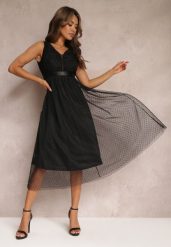 Czarna Tiulowa Sukienka Rozkloszowana z Koronką Phyvana. Czarne sukienki damskie Renee, bez wzorów, z koronki, eleganckie, bez ramiączek. W wyprzedaży za 159.99 zł.