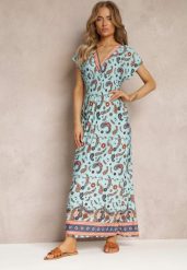 Jasnoniebieska Rozkloszowana Sukienka Maxi z Printem Paisley z Gumką w Pasie Zoenia. Niebieskie sukienki damskie Renee, bez wzorów, bez ramiączek. W wyprzedaży za 29.99 zł.