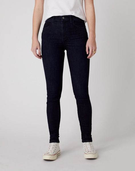 SPODNIE DAMSKIE WRANGLER HIGH RISE SKINNY BLUE BLACK W27HSZ51L 112128120. Czarne rurki damskie Wrangler, bez wzorów, z jeansu. W wyprzedaży za 79.99 zł.