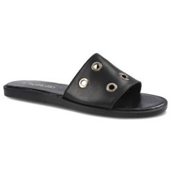 Czarne Klapki Chebello Damskie Stylowe Buty. Czarne klapki damskie CheBello, z aplikacjami, ze skóry, bez obcasa, bez zapięcia. Za 149.00 zł.