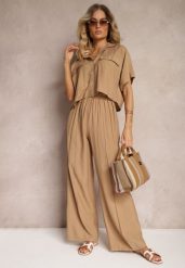 Brązowy 2-Częściowy Komplet z Wiskozy Koszula o Luźnym Kroju Szerokie Spodnie Velvitela. Brązowe koszule damskie Renee, bez wzorów, z materiału, eleganckie, bez kołnierzyka, bez ramiączek. Za 99.99 zł.