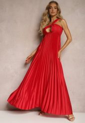 Czerwona Asymetryczna Sukienka Plisowana na Jedno Ramię z Gumką w Talii Elashay. Czerwone sukienki damskie Renee, bez wzorów, z materiału, eleganckie, bez ramiączek. W wyprzedaży za 119.99 zł.