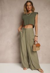 Ciemnozielone Spodnie o Szerokim Kroju High Waist Natoreia. Zielone spodnie materiałowe damskie Renee, bez wzorów, z jeansu. Za 69.99 zł.