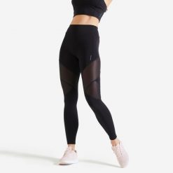 Legginsy fitness damskie Domyos. Czarne legginsy damskie DOMYOS, l, bez wzorów, z materiału, z podwyższonym stanem, na fitness i siłownię. Za 69.99 zł.