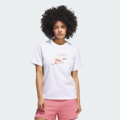 Koszulka Farmers Market Graphic. Białe bluzki damskie Adidas, m, bez wzorów, z bawełny, bez kołnierzyka, bez ramiączek. Za 109.00 zł.