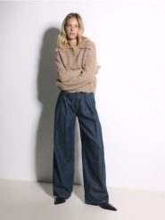 Jeansy wide leg z zakładkami - granatowy. Niebieskie jeansy damskie Reserved. Za 149.99 zł.
