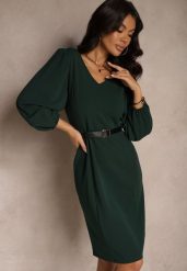 Ciemnozielona Sukienka o Dopasowanym Kroju z Lekko Bufiastymi Rękawami Zinnashira. Zielone sukienki damskie Renee, z aplikacjami, eleganckie, bez ramiączek. W wyprzedaży za 67.99 zł.