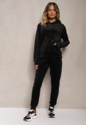 Czarny Komplet Dresowy z Weluru Spodnie z Gumką w Pasie i Bluza z Kapturem Lelaria. Czarne bluzy damskie Renee, l, bez wzorów, z dresówki, z kapturem. Za 79.99 zł.