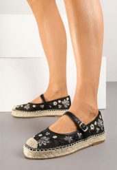 Czarne Siateczkowe Espadryle na Plecionej Podeszwie z Paskiem z Klamrą i Haftem Vilritia. Czarne espadryle damskie Born2be, bez wzorów, z jeansu, bez obcasa. Za 84.99 zł.