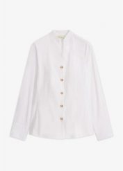 Bluzka z popeliny ze stretchem, niewymagająca prasowania. Niebieskie bluzki damskie bonprix, bez wzorów, eleganckie, bez kołnierzyka, bez ramiączek. Za 129.99 zł.