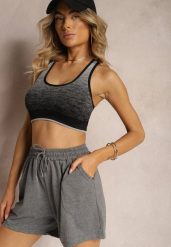 Ciemnoszare Dresowe Szorty High Waist z Gumką w Talii Narefia. Szare szorty damskie Renee, w ażurowe wzory, z dresówki, z podwyższonym stanem. Za 24.99 zł.
