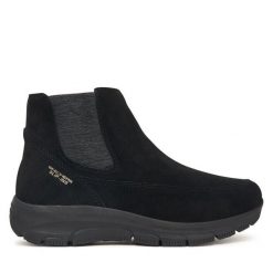 Sztyblety Skechers. Czarne botki damskie Skechers, bez obcasa, na płaskiej podeszwie, bez zapięcia. Za 449.99 zł.