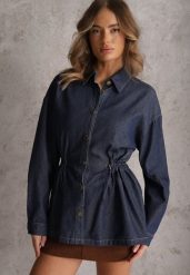 Granatowa Koszula z Bawełny Ściągana w Talii Troczkami Hettia. Niebieskie koszule damskie Renee, l, bez wzorów, z bawełny, eleganckie, bez kołnierzyka, bez ramiączek. Za 129.99 zł.