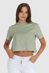 GUESS Krótki zielony t-shirt damski z logo. Zielone t-shirty damskie Guess, s, z aplikacjami, z bawełny, bez kołnierzyka. W wyprzedaży za 129.99 zł.