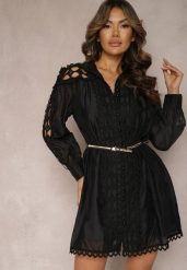 Czarna Koszulowa Sukienka Mini z Paskiem w Stylu Vintage Butafa. Czarne sukienki damskie Renee, bez wzorów, vintage, bez ramiączek. W wyprzedaży za 175.99 zł.