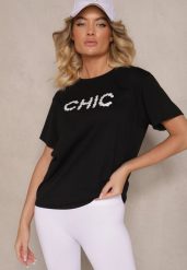 Czarny T-shirt z Bawełny Ozdobiony Perełkami i Napisem Naloreth. Czarne t-shirty damskie Renee, m, bez wzorów, z bawełny, bez kołnierzyka. Za 34.99 zł.