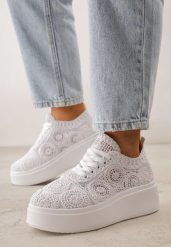 Białe Sneakersy z Plecionki na Grubej Podeszwie w Stylu Boho Dacara. Białe obuwie sportowe damskie Born2be, z jeansu, bez zapięcia. Za 119.99 zł.