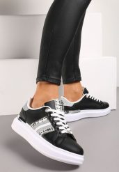 Czarne Sneakersy na Niewysokiej Platformie z Brokatowymi Wstawkami Renallsa. Czarne obuwie sportowe damskie Renee, z materiału, bez zapięcia. Za 79.99 zł.