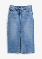 Spódnica dżinsowa z rozcięciem. Niebieskie spódnice damskie bonprix, bez wzorów, eleganckie, midi. Za 124.99 zł.